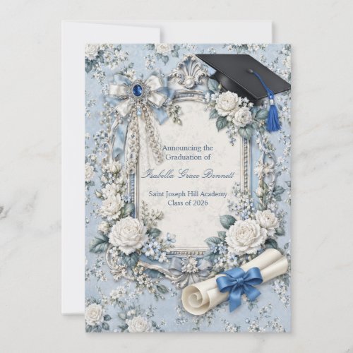 Blue and White Floral Graduation Announcement Card