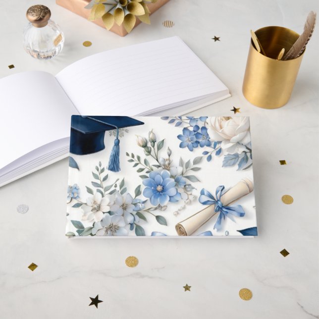Blue and White Floral Graduation Guest Book (Front Open)