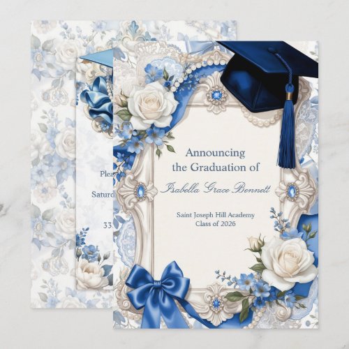 Blue and White Floral Graduation Invitation Card