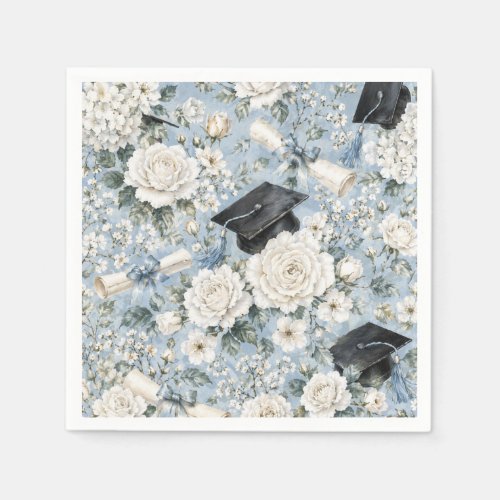 Blue and White Floral Graduation Party Napkins