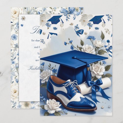 Blue and White Floral Graduation Thank You Note Card