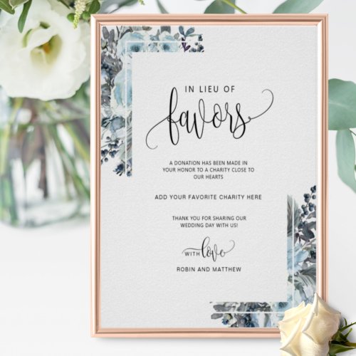 Blue and White Floral in Lieu of Favors Sign