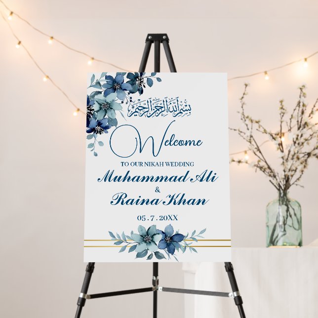 Blue and White Floral Islamic Muslim Wedding Sign (In Situ (Stand))