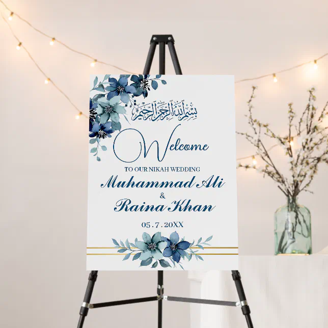 Blue and White Floral Islamic Muslim Wedding Sign | Zazzle