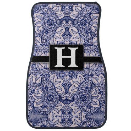 Blue and White Floral Mandala Monogrammed Classic Car Floor Mat