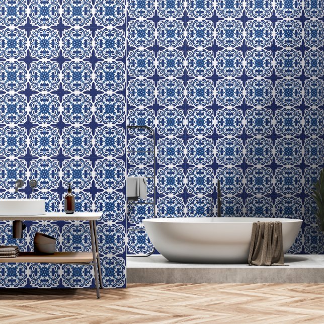 Blue and White Floral Mediterranean Tile Pattern  Wallpaper (Bathroom)