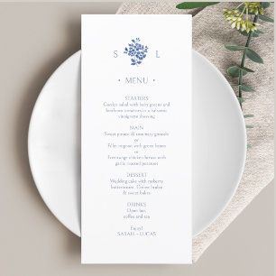 Blue and White Floral Monogram Flat Wedding Menu