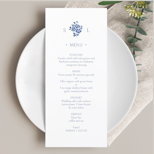Blue and White | Floral Monogram Flat Wedding Menu (Creator Uploaded)