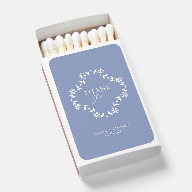 Blue and White Floral Monogram Thank You Wedding Matchboxes (Front Open)