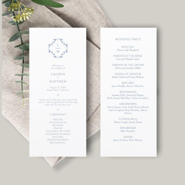 Blue and White | Floral Monogram Wedding Program (Creator Uploaded)