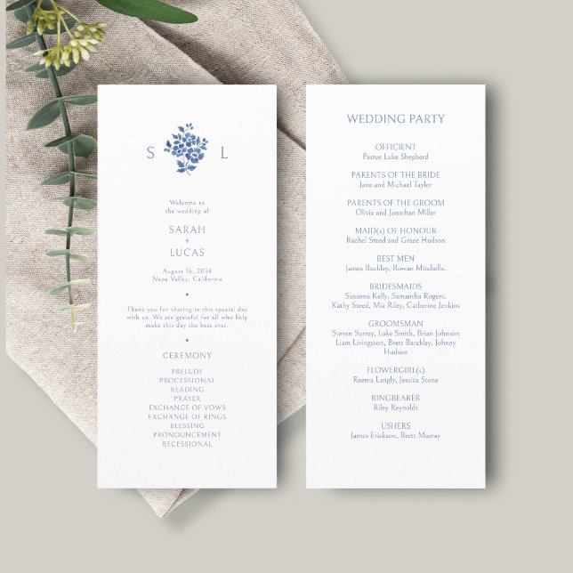 Blue and White | Floral Monogram Wedding Program (Creator Uploaded)