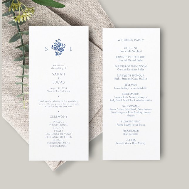 Blue and White | Floral Monogram Wedding Program (Creator Uploaded)