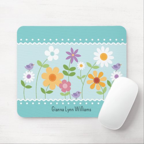 Blue and White Floral Monogrammed Mouse Pad