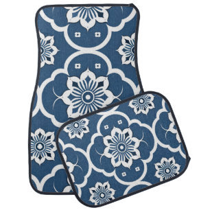 Blue and White floral Mosaic pattern Car Floor Mat