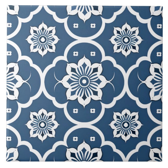 Blue and White floral Mosaic pattern Ceramic Tile (Front)