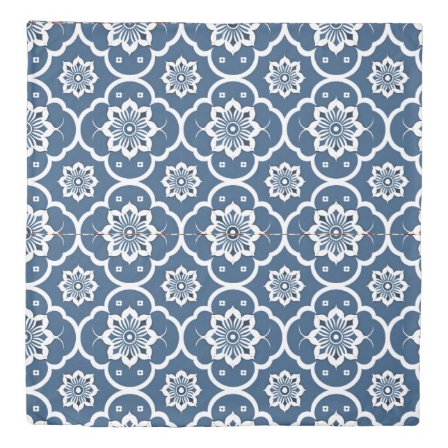 Blue and White floral Mosaic pattern Duvet Cover (Front)