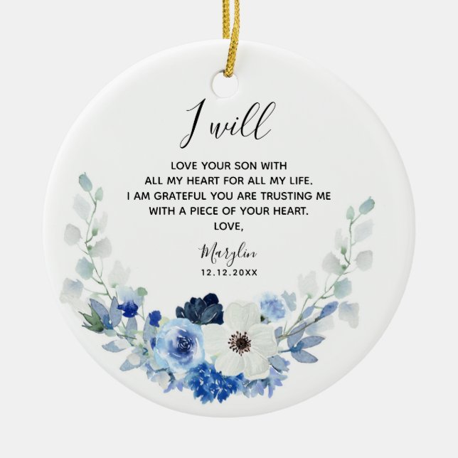 Blue and White Floral Mother of the Groom Ceramic Ceramic Ornament (Front)