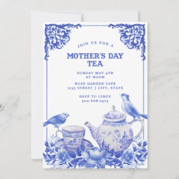 Blue And White Floral |mother's Day Tea Invitation by AlyssaErnstDesign at Zazzle