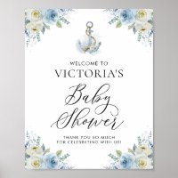 Blue and White Floral Nautical Baby Shower Welcome Poster