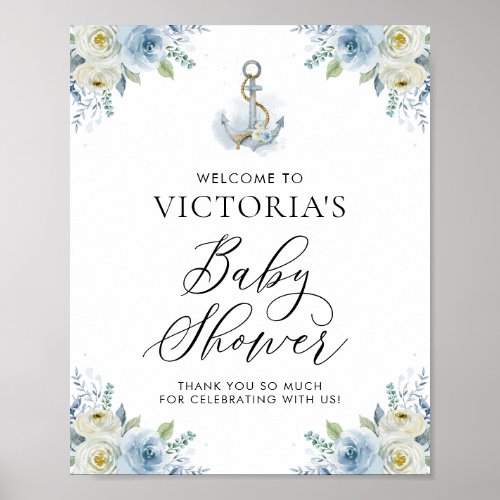 Blue and White Floral Nautical Baby Shower Welcome Poster