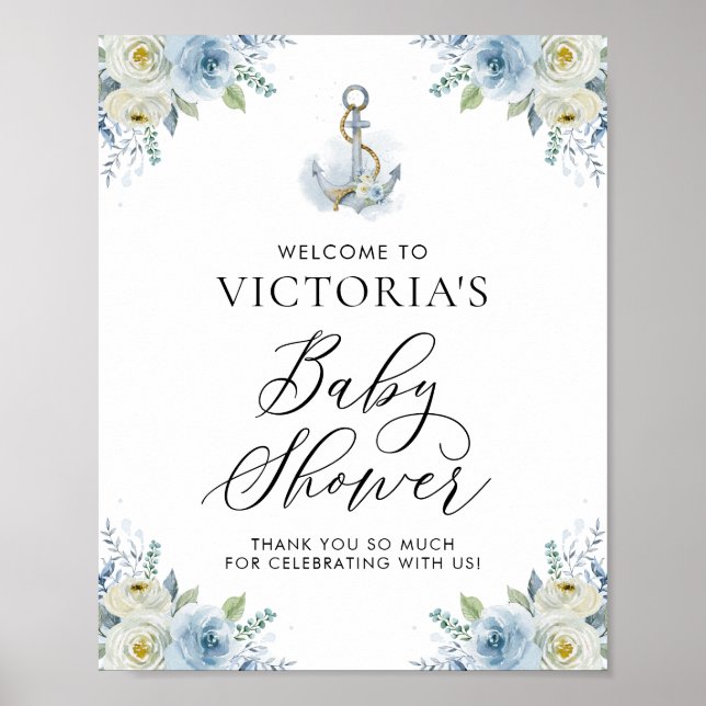 Blue and White Floral Nautical Baby Shower Welcome Poster (Front)