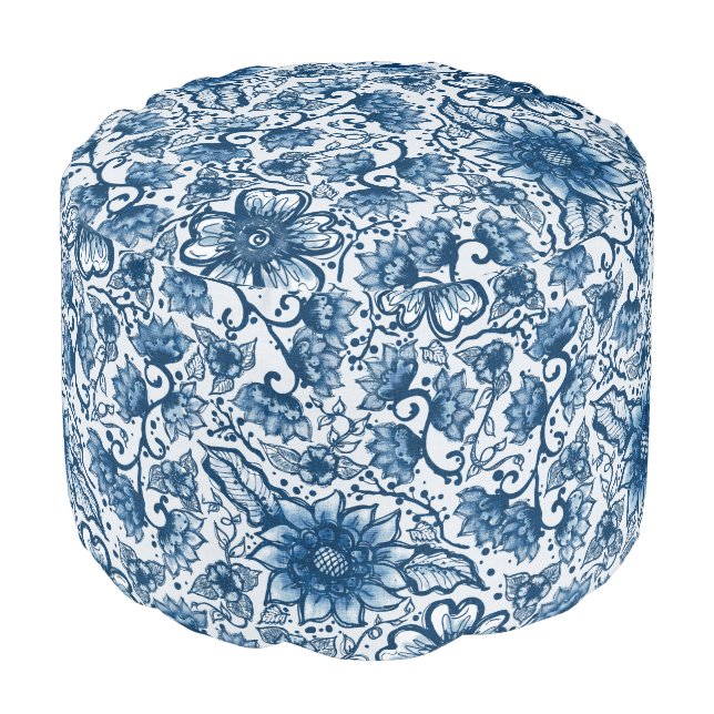 Blue and White Floral Pattern Boho Style Pouf (Angled Front)