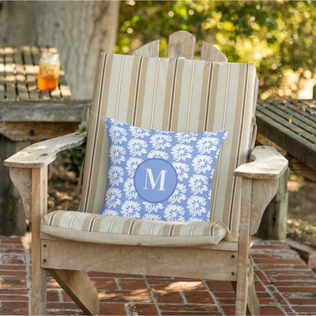 Blue and White Floral Pattern Summer Monogram Outdoor Pillow (Chair)