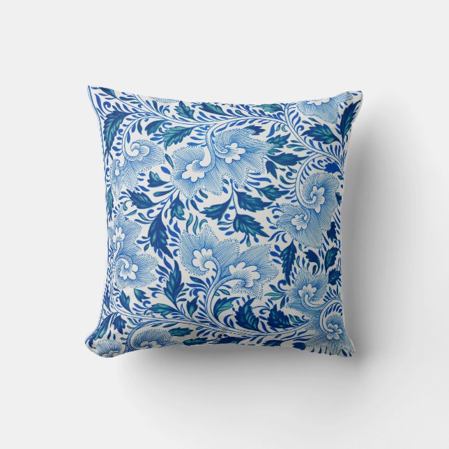 Blue and White Floral Pattern Throw Pillow (Front)