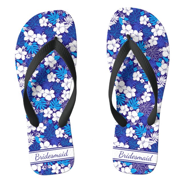 Blue and White Floral Pattern Wedding Bridesmaid Flip Flops (Footbed)