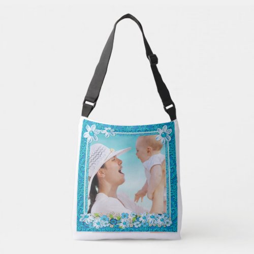 Blue and White Floral Photo Frame Crossbody Bag