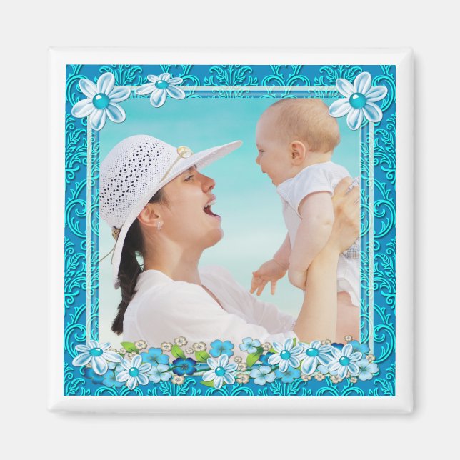 Blue and White Floral Photo Frame Magnet (Front)