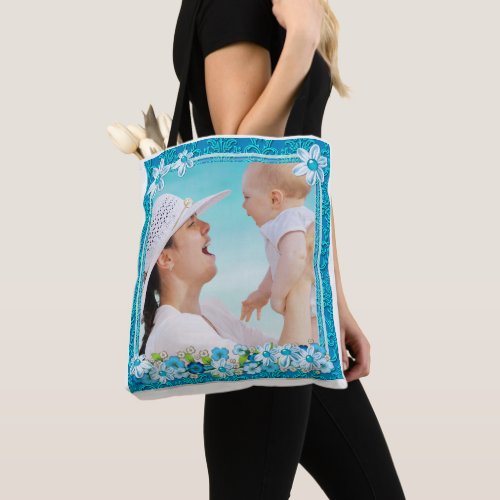 Blue and White Floral Photo Frame Tote Bag