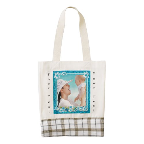 Blue and White Floral Photo Frame Zazzle HEART Tote Bag