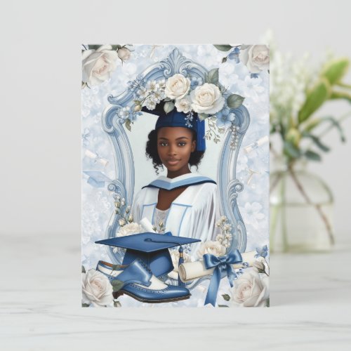Blue and White Floral Photo Graduation Announcemen