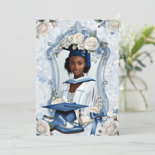 Blue and White Floral Photo Graduation Announcemen (Standing Front)