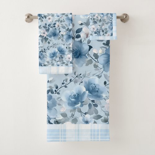 Blue and White Floral Plaid Bath Towel Set