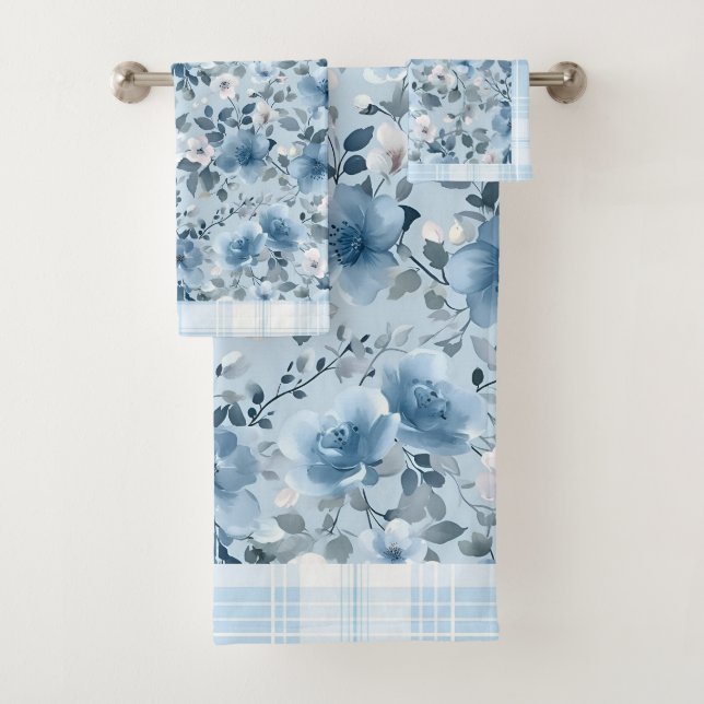 Blue and White Floral Plaid Bath Towel Set (Insitu)
