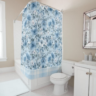 Blue and White Floral Plaid Shower Curtain