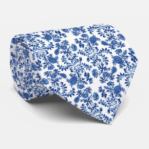 Blue and White Floral Print Tie