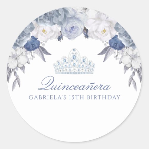 Blue and White Floral Quinceanera Classic Round Sticker