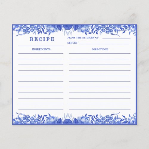 Blue and White Floral Recipe Card