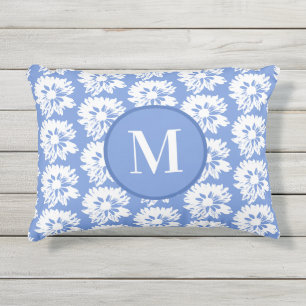 Blue and White Floral Rectangular Summer Monogram Outdoor Pillow