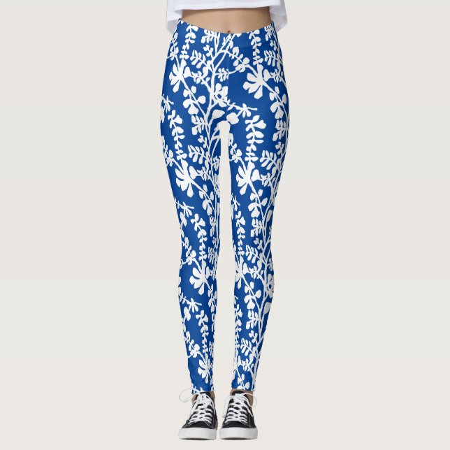Blue And White Floral Repeating Pattern Leggings (Front)