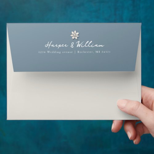 Blue and white floral return address wedding envelope