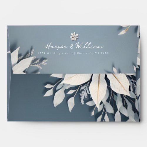 Blue and white floral return address wedding envelope