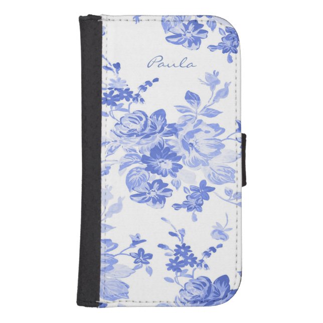 Blue and White Floral Samsung S4 Wallet Case (Front)