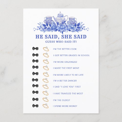 Blue and White Floral Tea Bridal Shower Game Card 