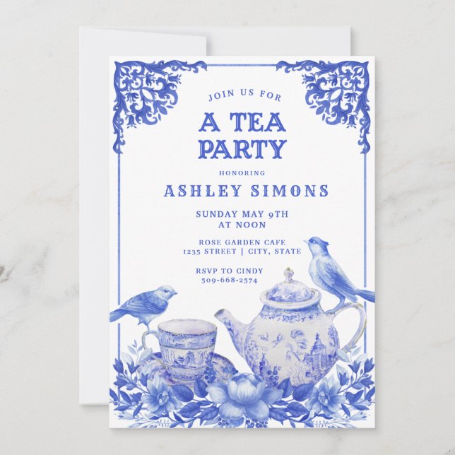 Blue and White Floral Tea Party Invitation (Front)