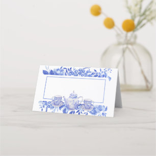 Blue and White Floral Tea Pot and Tea Cups Place Card