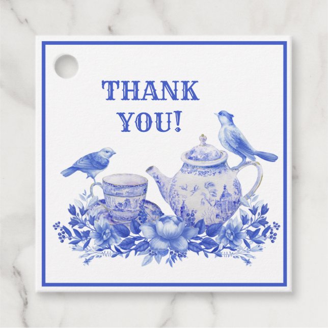 Blue and White Floral Tea Pot | Mother's Day  Favo Favor Tags (Front)